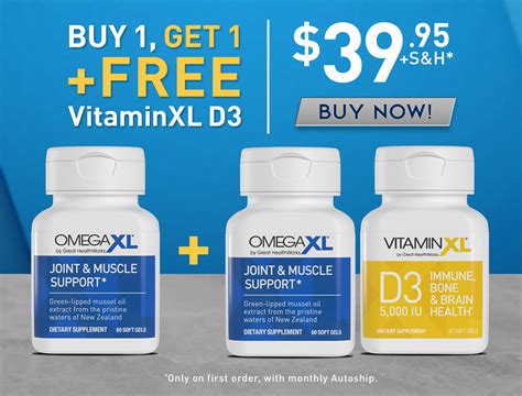 Omega xl.com - Two Bottles of OmegaXL (on first and second order) VitaminXL D3. A natural joint health supplement. 35 years of clinical research. Small easy to swallow. Staying healthy requires a strong immune system. Blue Combo contains three powerful products that promote a strong immune response and support your over-all health. From the Makers of OmegaXL®.